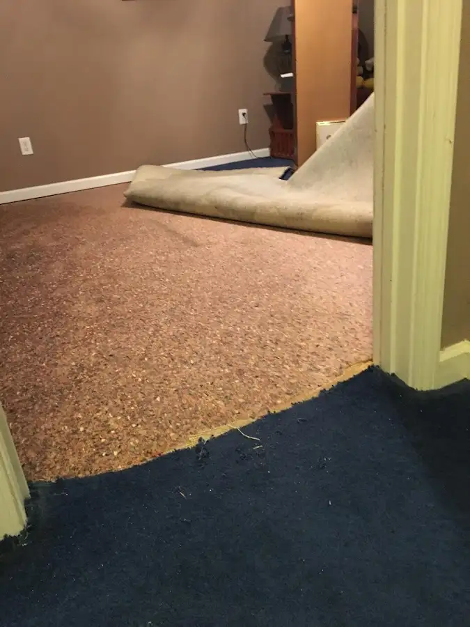 Carpet pad removal revealing water damage during Water Mitigation Services in Semmes